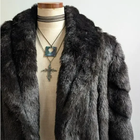 Vintage Black Faux Fur Coat Fur Trim Jacket Mob Wife Minimalist Goth Chic Medium - Picture 7 of 12